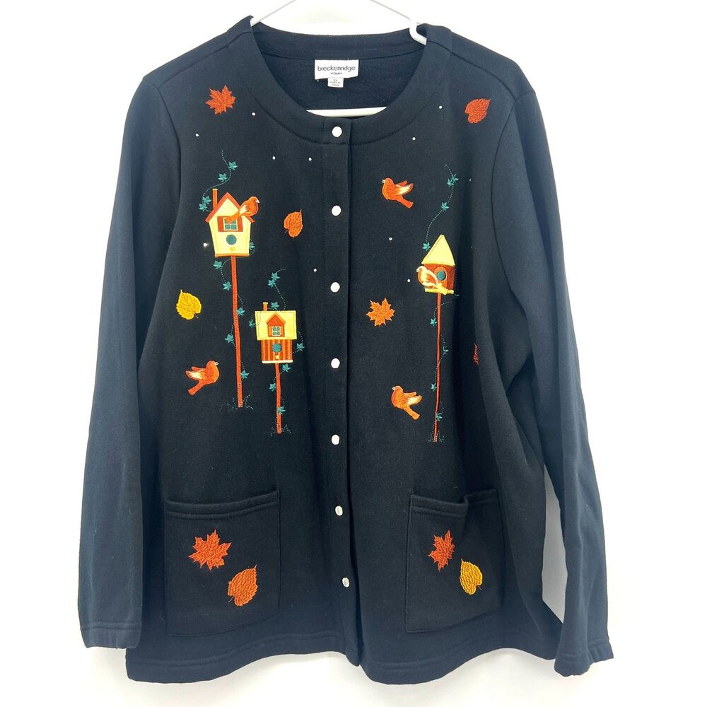 Breckenridge Woman 2X Black Fall Birdhouse Embroidered Snap Cardigan Sweatshirt